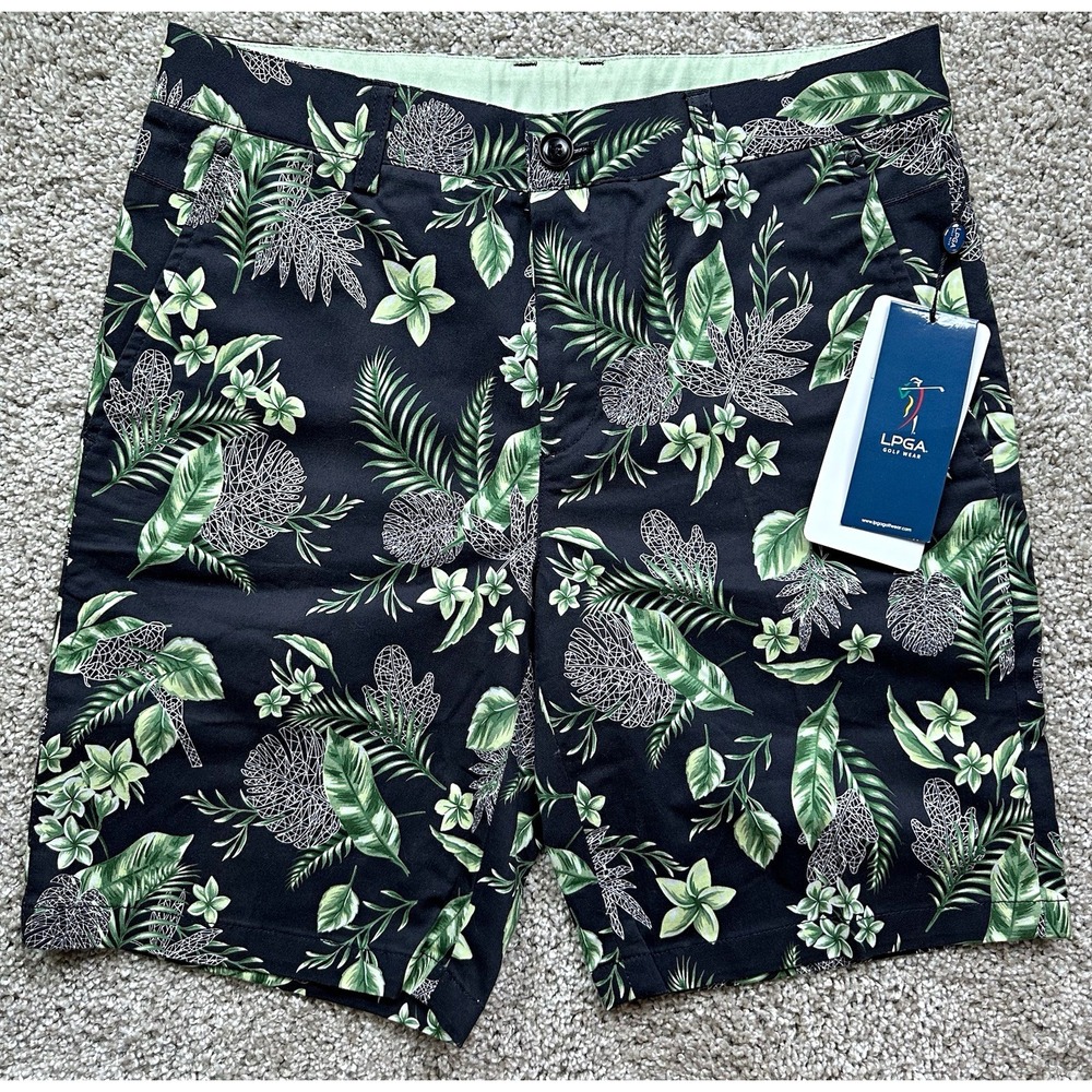LPGA Golf Wear Tropical Floral Shorts Navy Green Palm Print 30 Waist L172PT482P